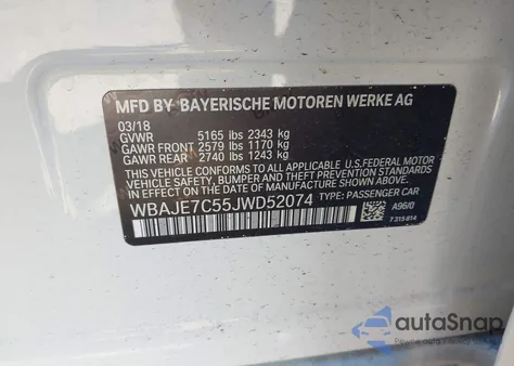 2018 BMW 540I xDrive z USA, uszkodzony, nr VIN WBAJE7C55JWD52074